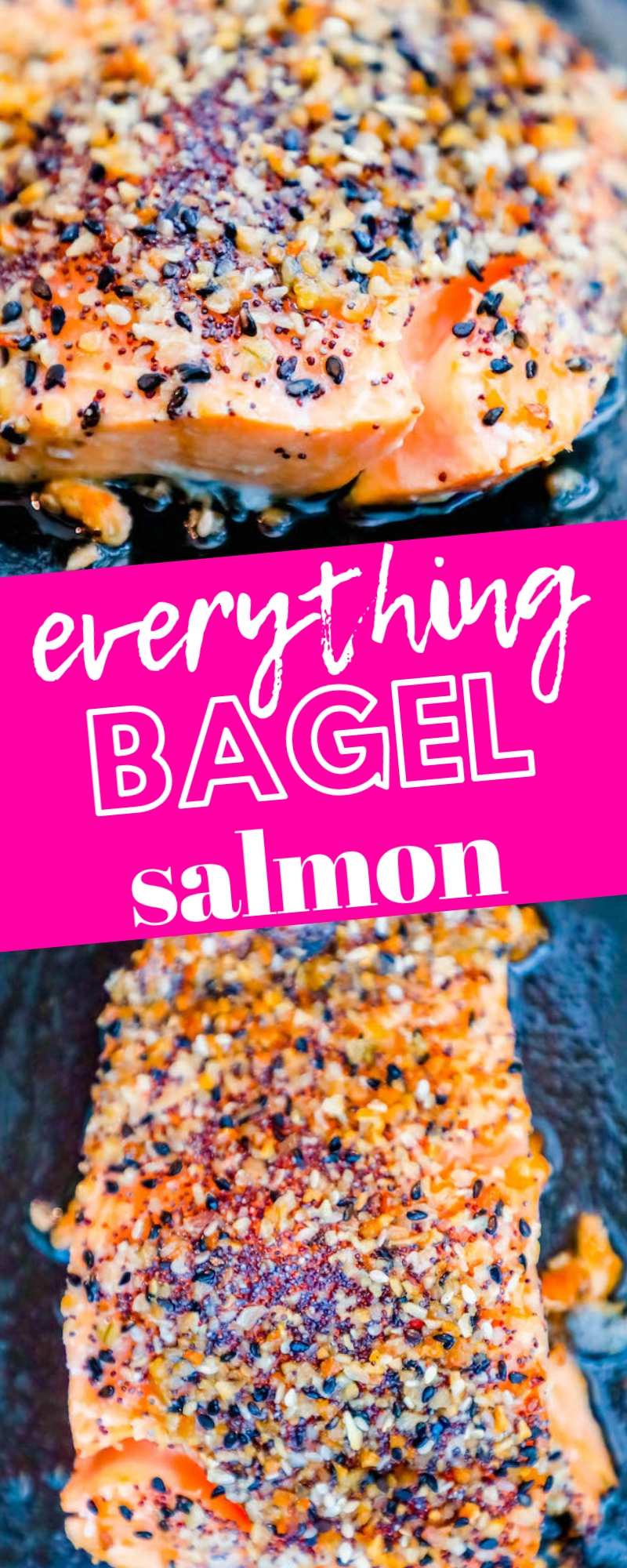 salmon in a pan covered in everything bagel mix