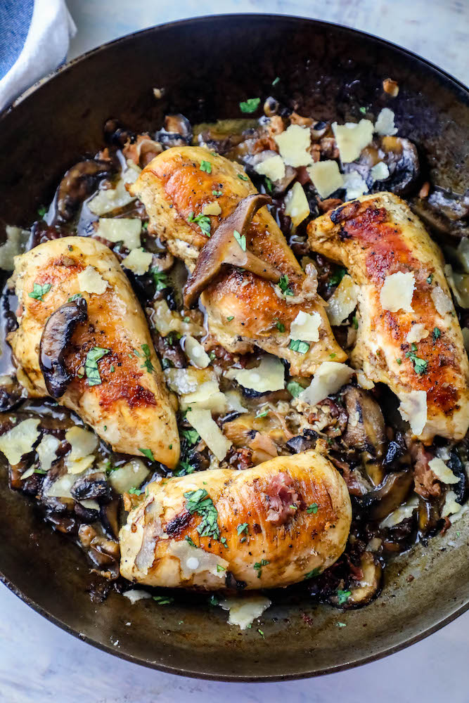 Skillet Balsamic Chicken and Mushrooms with Parmesan.