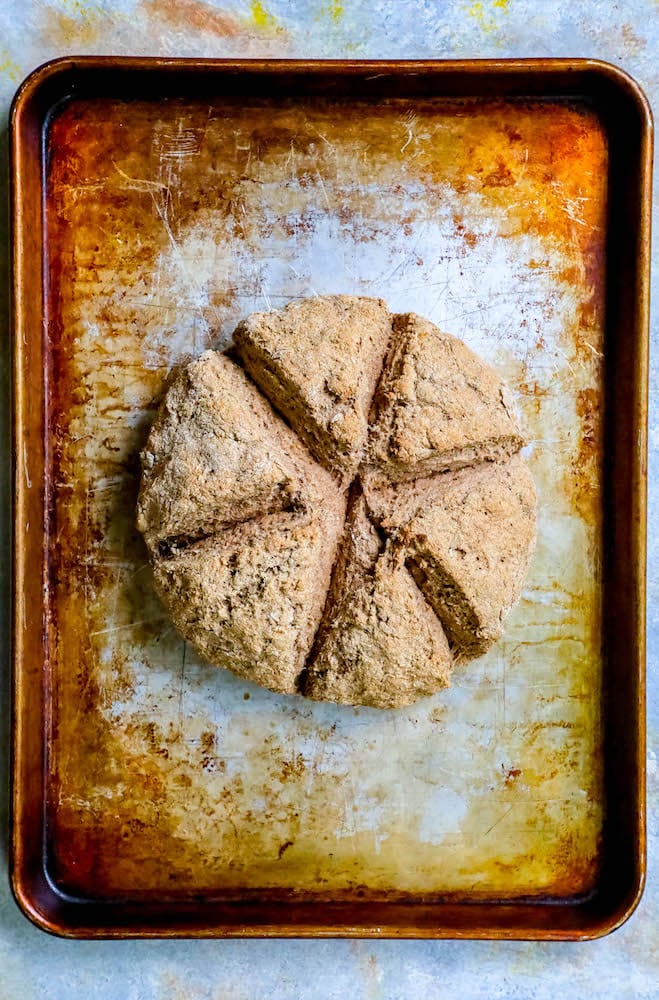 soda bread cut into pieces on a baking sheet