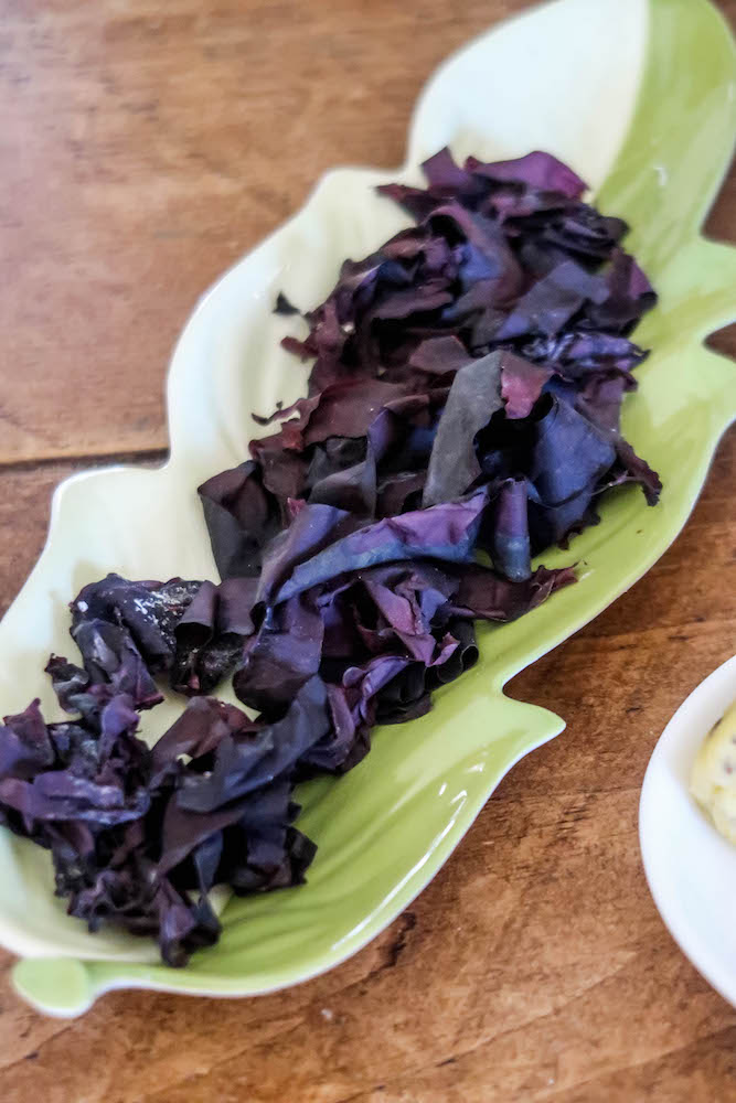 a dish with purple peel in it