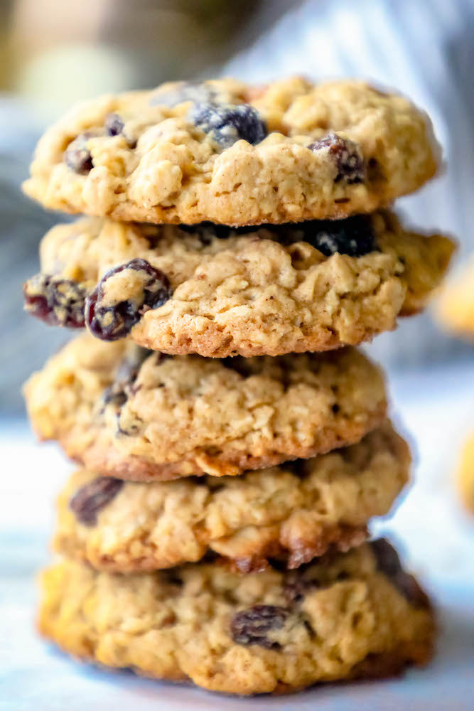 stack of five raisin oatmeal cookie up close 