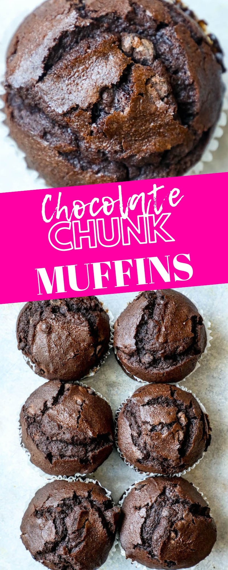 picture of six chocolate muffins with chocolate chunk muffins written on it. 