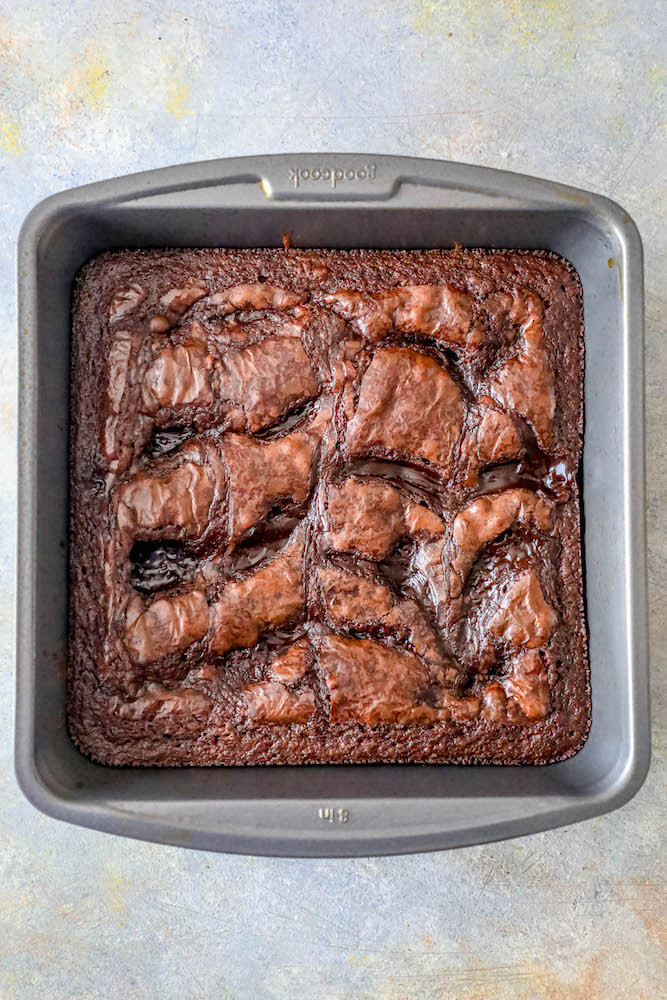 brownies with fudge on the top in a pan