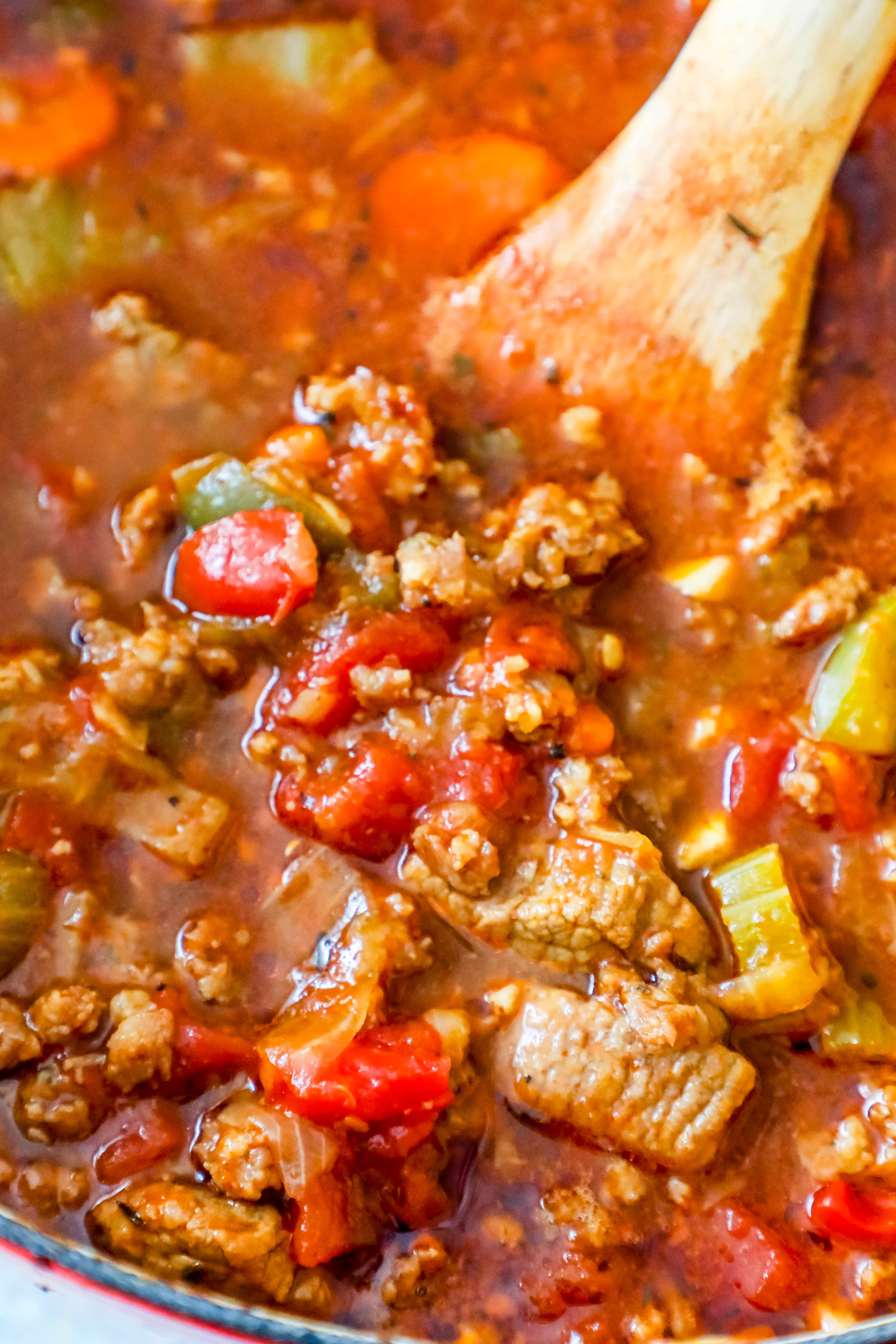 steak and beef chunks with tomatoes and celery in keto chili 
