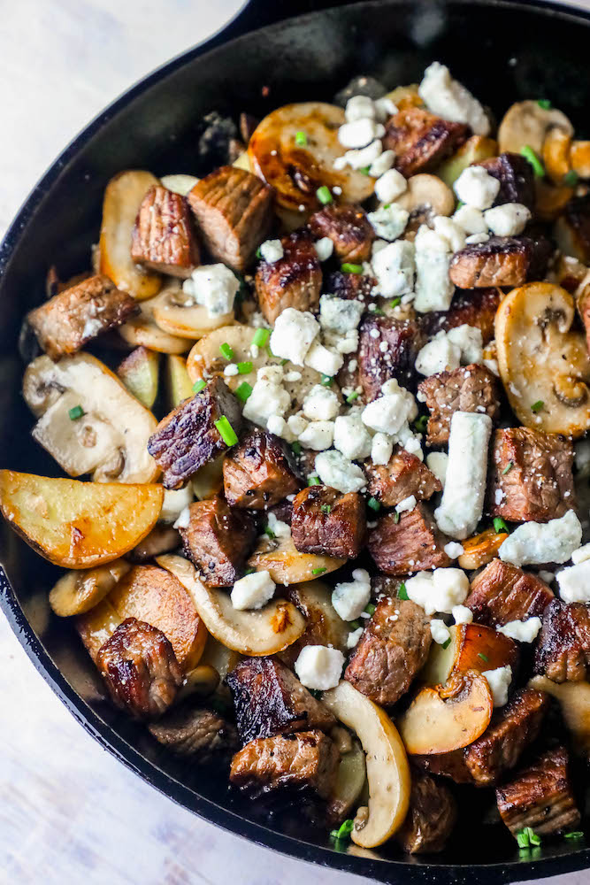 Easy One Pot Blue Cheese Steak Bites and Potatoes Skillet Dinner Recipe