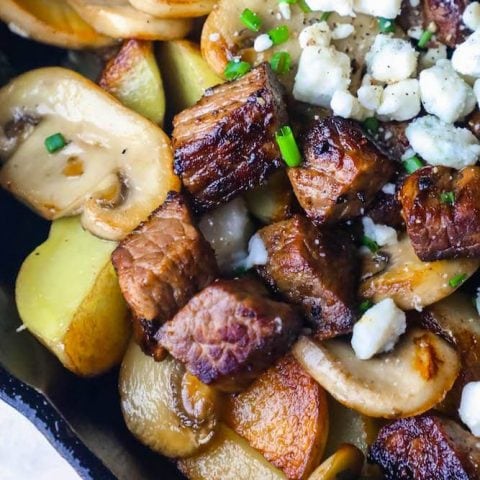 One Pot Blue Cheese Steak Bites and Potatoes Skillet Recipe