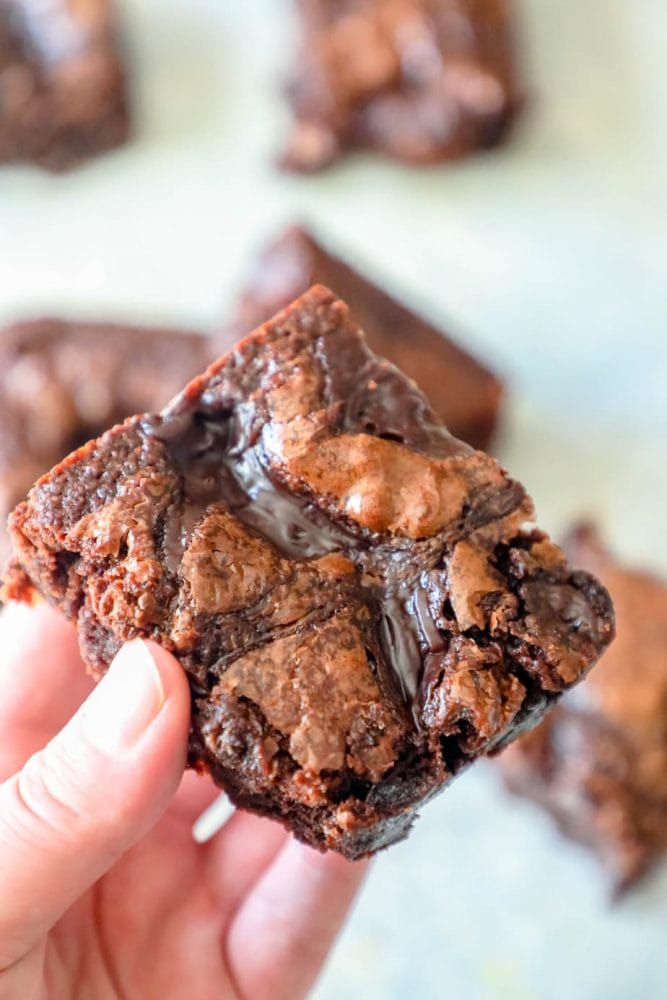 hand holding a fudgy brownie. 