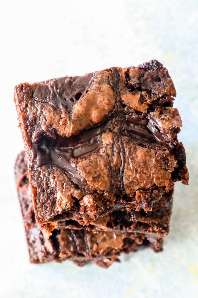 stack of fudge laced brownies from above