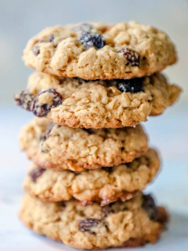 Chewy oatmeal cookies with raisins on top.