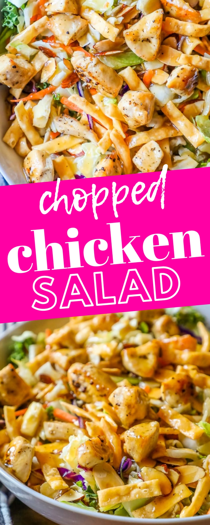 delicious chicken Asian salad in a white bowl with a striped towel in the background with a pink textbox with recipe name 