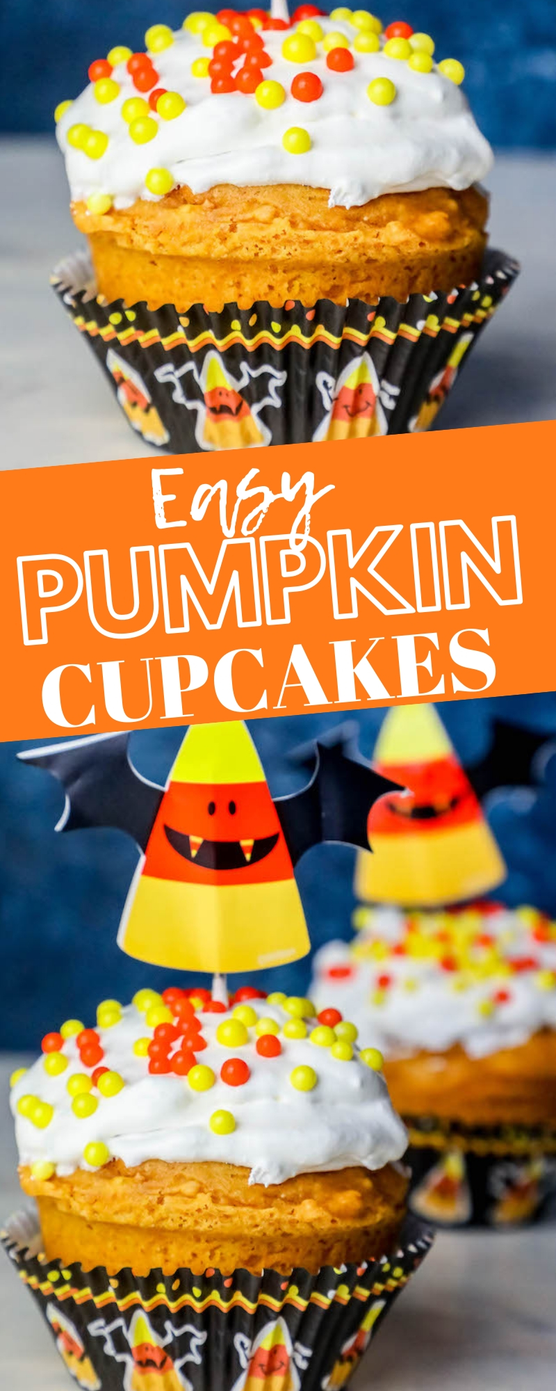 picture of a pumpkin cupcakes with white frosting and orange and yellow sprinkles and candycorn bats