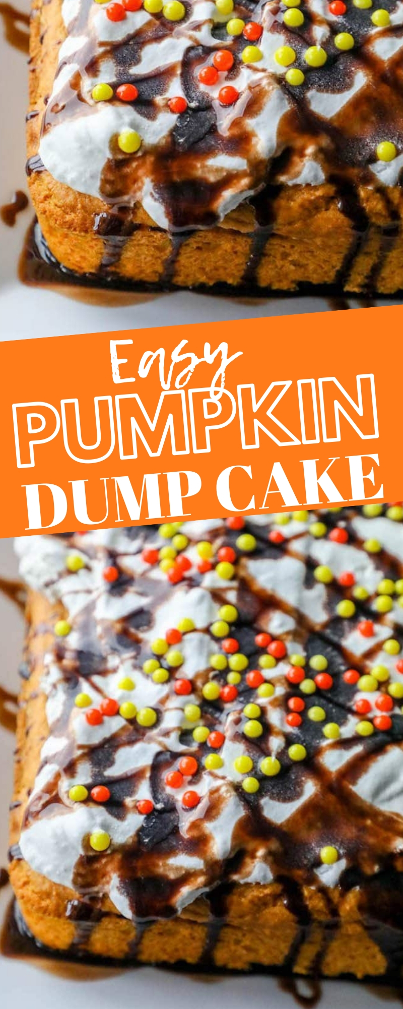 pumpkin cake with white frosting chocolate drizzle and orange and yellow sprinkles on top. 
