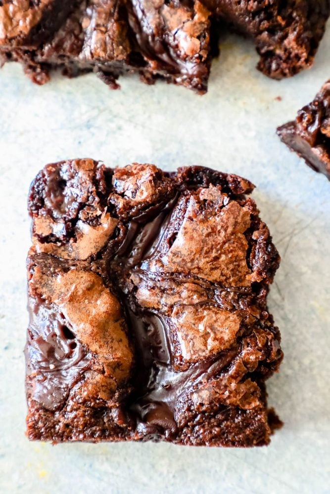 fudge laced brownie on a countertop from above