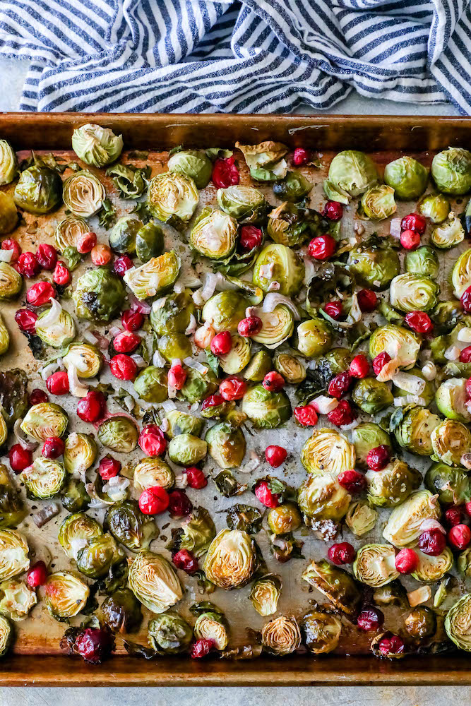 brussels sprouts with cranberries on sheet pan