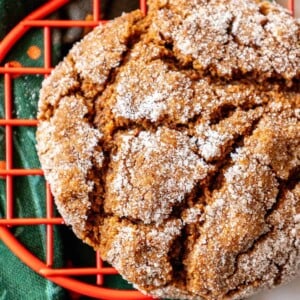 A soft gingerbread cookie on a wire rack with powdered sugar.