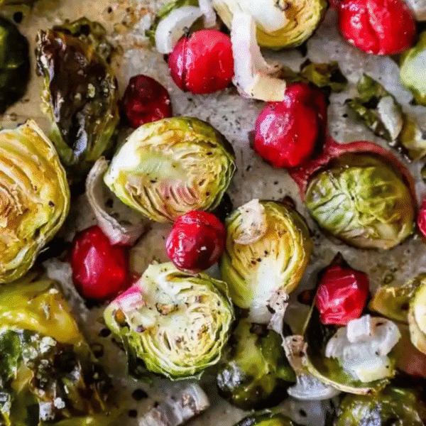 Baked brussels sprouts with cranberries and sliced onions on a baking sheet, seasoned with pepper and herbs, make a flavorful side dish.