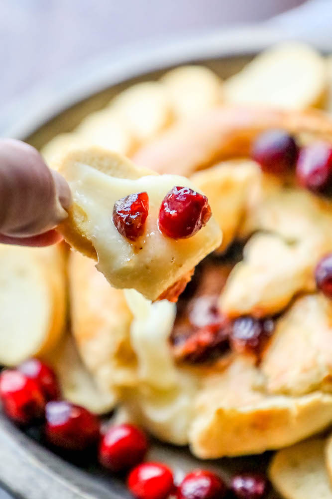some baked brie and cranberry on a piece of bread