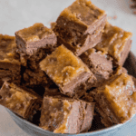 A bowl of chunky German Chocolate Fudge pieces.