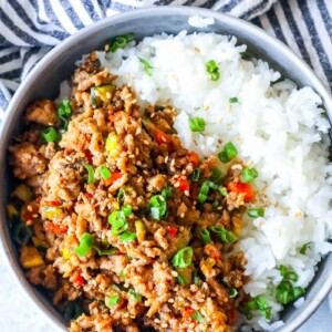 Easy Mongolian Turkey and Rice Bowls Recipe featuring ground turkey and rice.