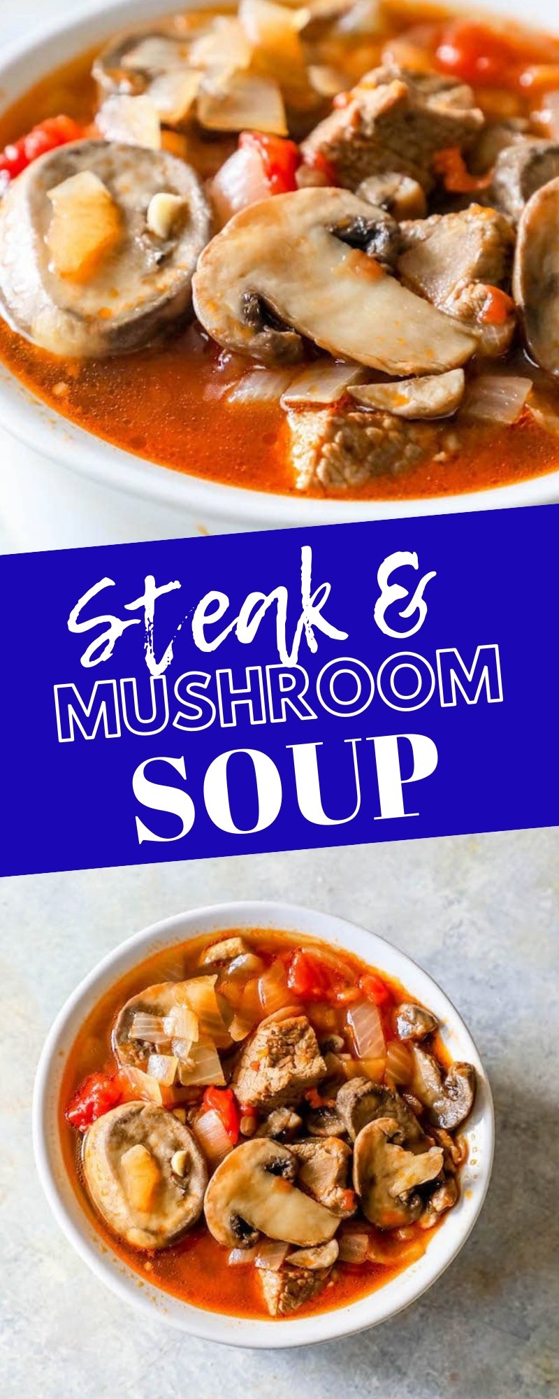 bowl of soup with steak, mushrooms, tomatoes, onions, and stock