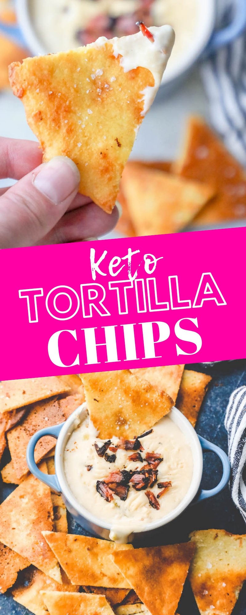 Picture of keto tortilla chips on a plate with dip 