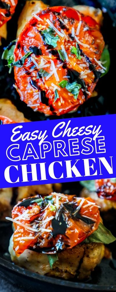 two pictures of caprese chicken thigh recipe in pan 