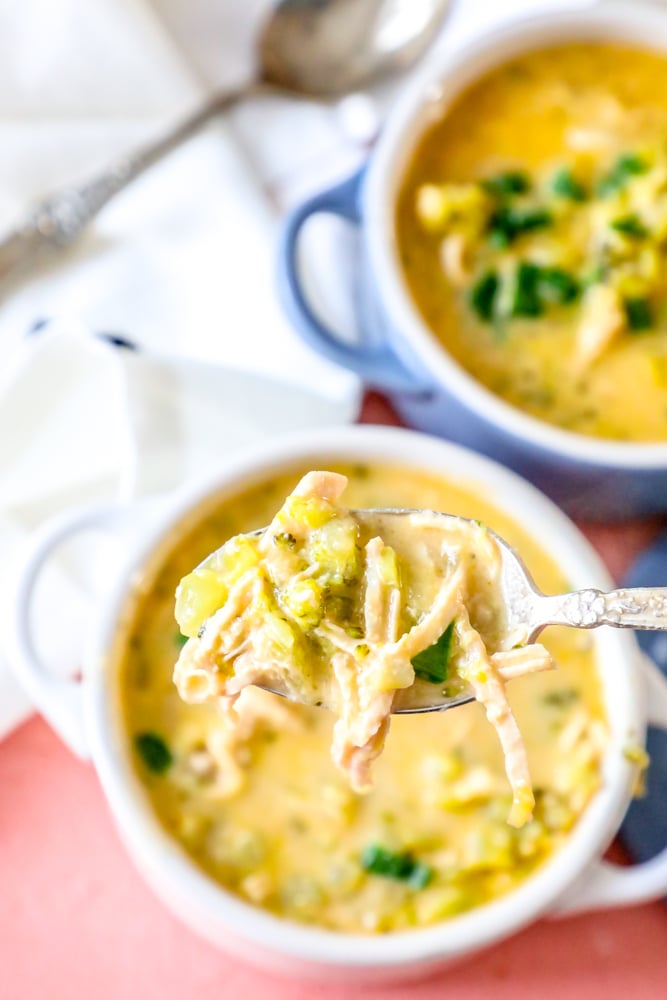 picture of shredded chicken in cheesy broccoli soup 
