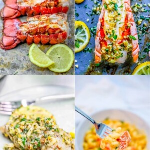 A collage of pictures featuring lobsters and macaroni and cheese, showcasing the best lobster tail recipes and techniques for cooking oven lobster tail.