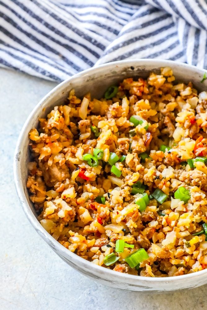 rice, green onions, turkey, peppers, onions in a bowl together