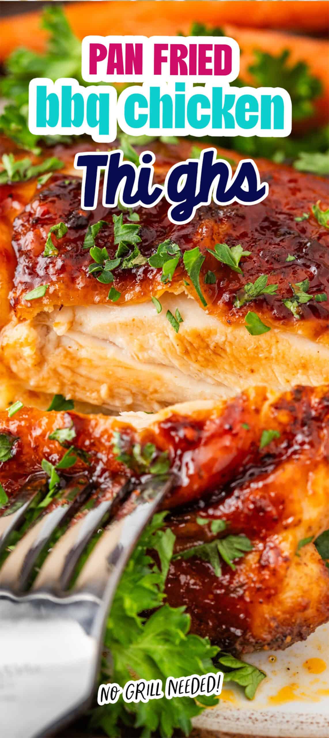 Close-up of easy one-pan BBQ chicken thighs garnished with parsley. A fork slices into the juicy, cooked meat. Text reads "Keto BBQ Chicken Thighs, No Grill Needed!.