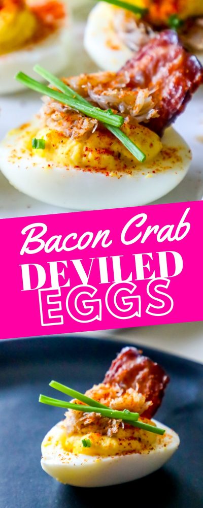 deviled egg with chives, crab, and bacon on it