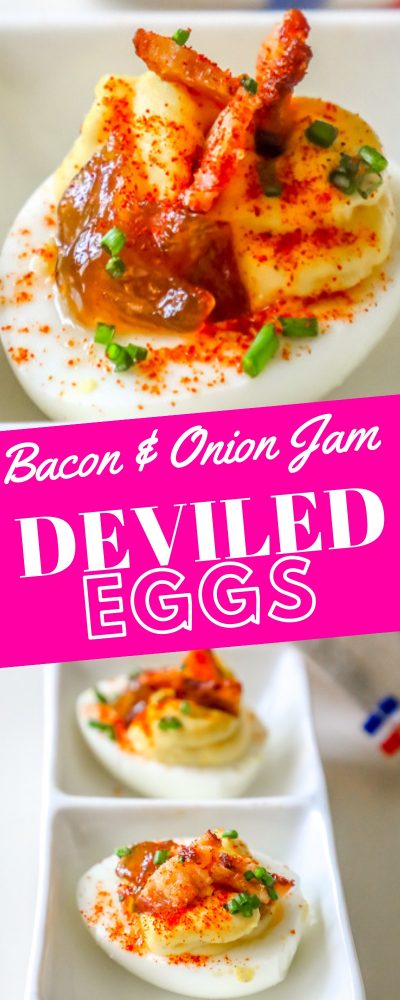 hardboiled egg with creamy interior, bacon, chives, paprika, and jam