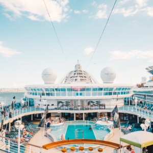 A view of the pool on a cruise ship with pina colada.