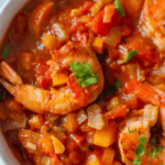 A bowl of Creole shrimp stew with diced vegetables and garnished with parsley.