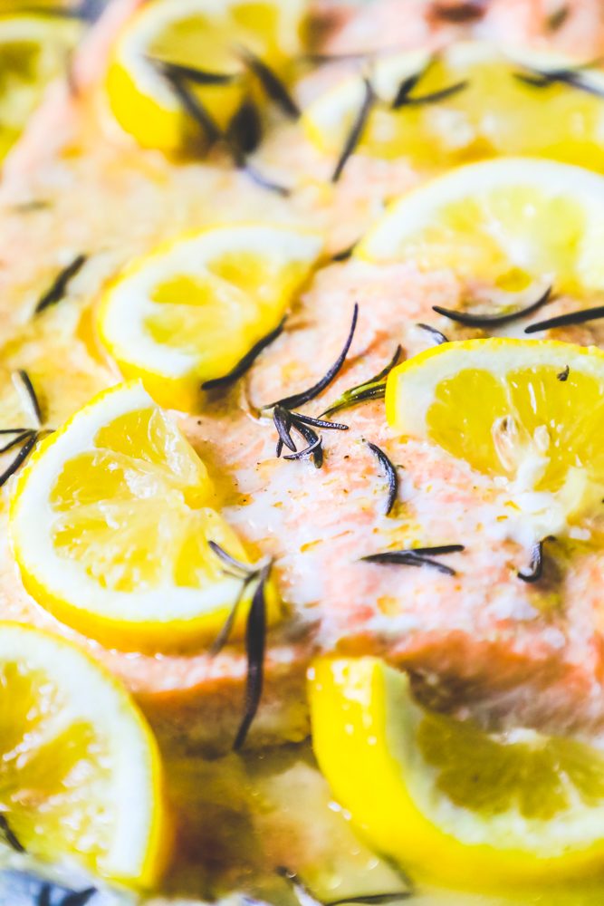 salmon filet baked with lemon slices and herb slices on top