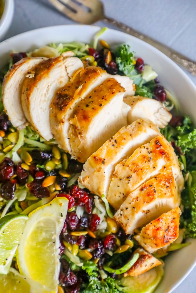 salad with nuts, kale, cranberries, poppyseeds, lemon, lime, and roast chicken in a white bowl
