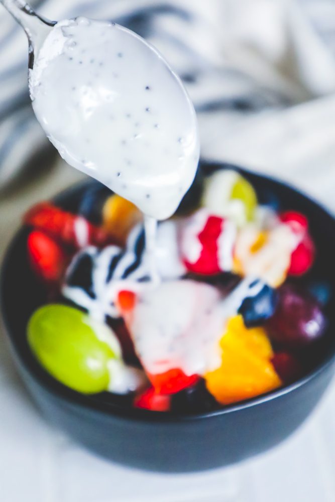 picture of fruit salad with poppyseed dressing in a bowl