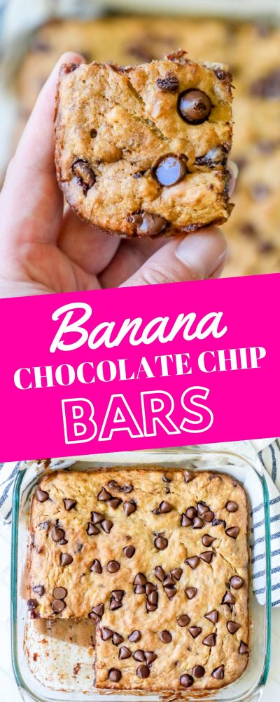 banana chocolate chip bread in a square glass pan with one missing and one up close, banana chocolate chip bars written across it. 