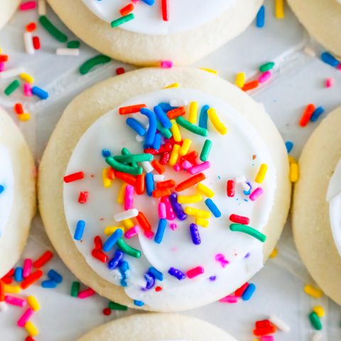 Copycat Lofthouse cookies with sprinkles and icing.