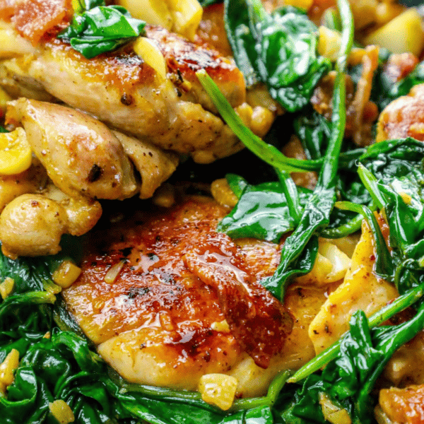 A close up of chicken and spinach in a skillet in one pot.