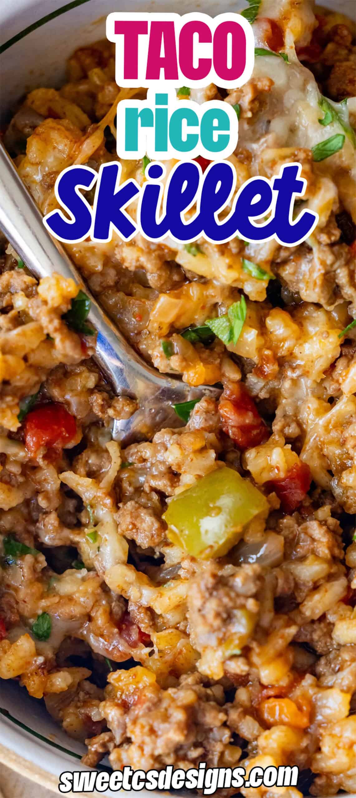 Close-up of a One Pot Spicy Taco Rice Skillet dish with ground meat, rice, bell peppers, and melted cheese, garnished with chopped parsley and served with a spoon.
