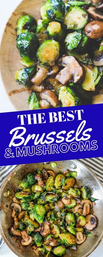 roasted Brussel sprouts and mushrooms and some in a stainless steel pan