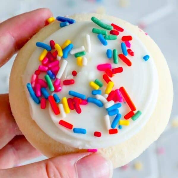 A hand holding a frosted sugar cookie with sprinkles on top.