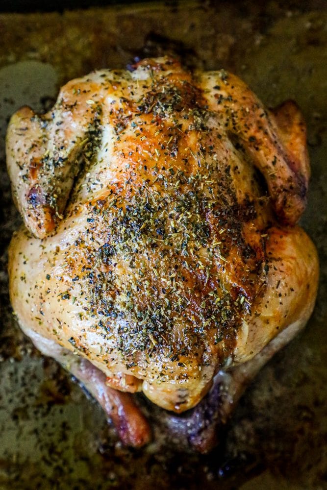 crispy roasted cornish game hen on a baking sheet with herbs