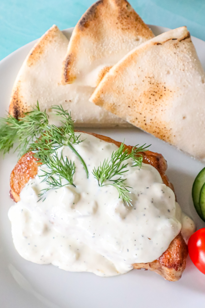 Easy Baked Greek Pork Chops with Creamy Feta Sauce Sweet Cs Designs