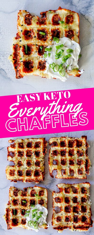 keto chaffle waffles on a countertop with sour cream and green onions