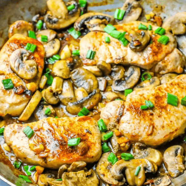 Sautéed pork and mushrooms in a skillet, enhanced with garlic butter.