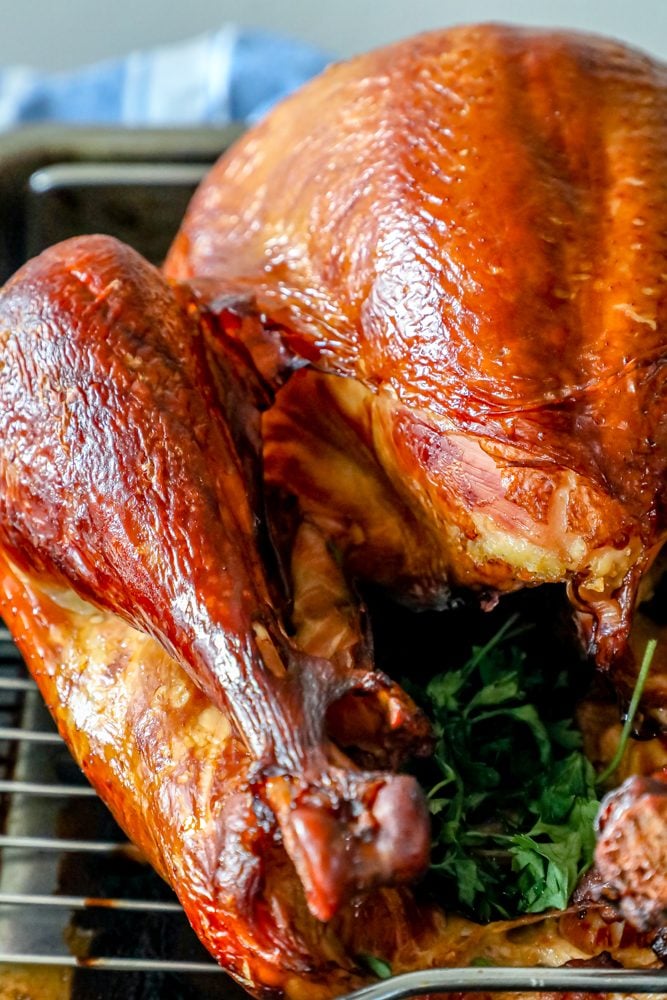 picture of smoked turkey on a metal tray