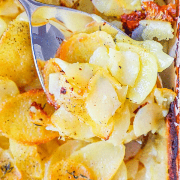 Close-up of a serving spoon scooping sliced, baked potatoes with a golden, crispy top from a casserole dish—perfectly showcasing this cheesy scalloped potatoes recipe.