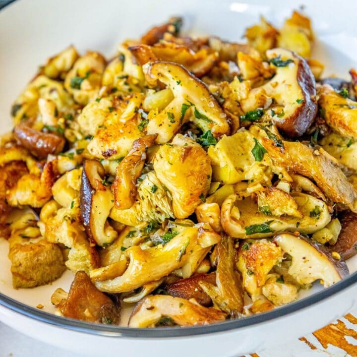 A perfect sautéed mushroom side dish on a table.